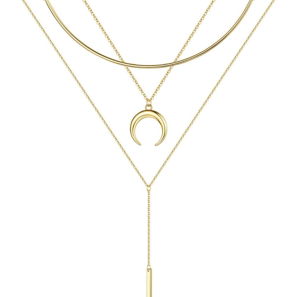 Gold Layered Necklaces for Women - 14K Gold Plated Handmade Multilayer Bar Pearl